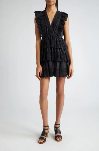 Ulla Johnson Lilith Eyelet Tiered Minidress In Noir