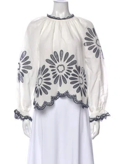 Pre-owned Ulla Johnson Linen Floral Print Blouse In White