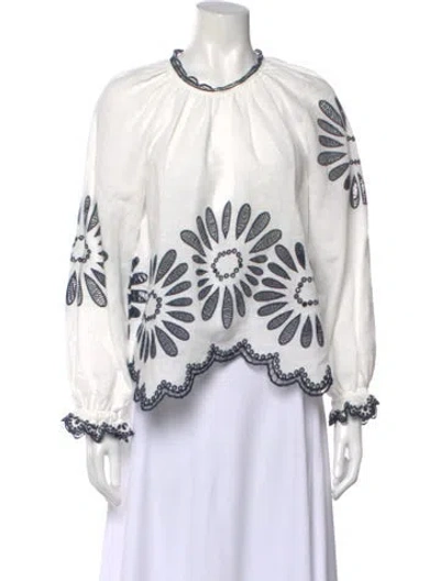 Pre-owned Ulla Johnson Linen Floral Print Blouse In White