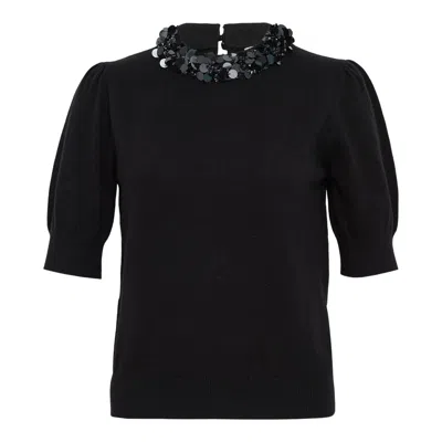 Ulla Johnson Liv Embroidered Cashmere Short Sleeve Knit Top In Black