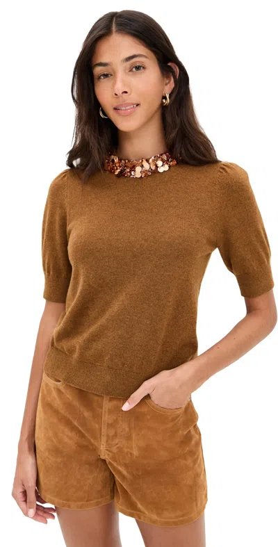 Ulla Johnson Liv Embroidered Cashmere Short Sleeve Knit Top In Umber In Brown