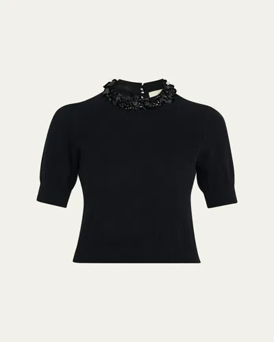 Ulla Johnson Liv Embroidered Short-sleeve Cashmere Sweater In Black