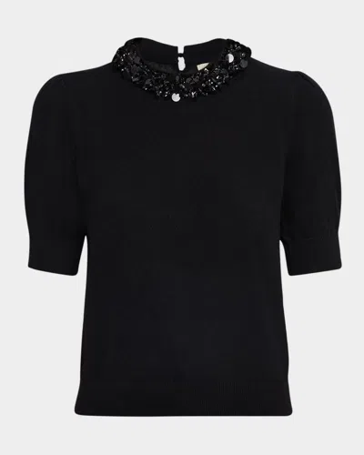 Ulla Johnson Liv Embroidered Short-sleeve Cashmere Sweater In Black