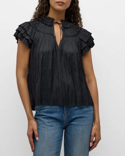 Ulla Johnson Liv Pleated Tiered-sleeve Top In Noir