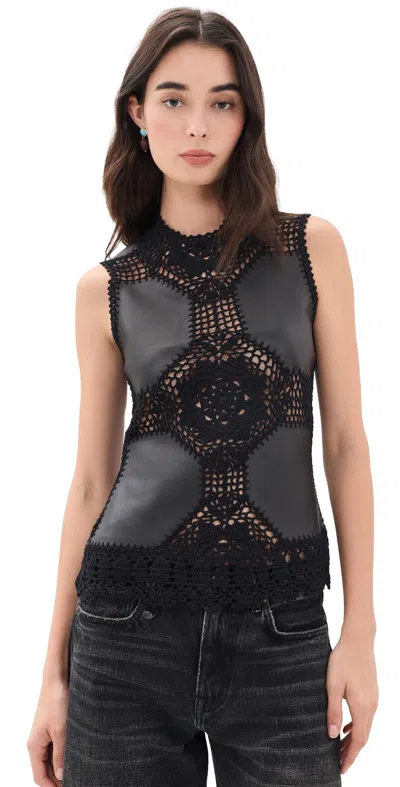 Ulla Johnson Livia Crochet And Leather Top Noir In Black
