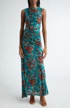 Ulla Johnson Livia Sleeveless Ruched Floral Maxi Dress In Jade Floral