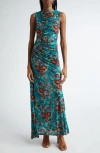 Ulla Johnson Livia Sleeveless Ruched Floral Maxi Dress In Jade Floral