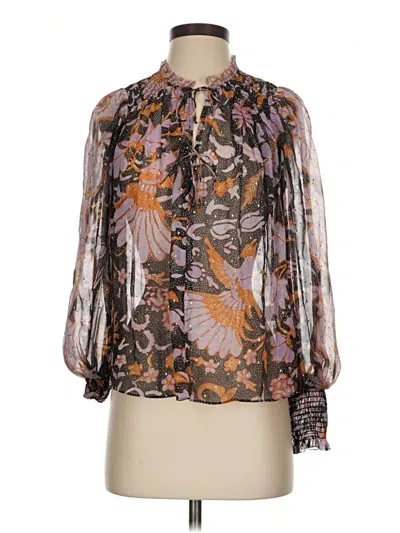 Pre-owned Ulla Johnson Long Sleeve Silk Top Brown Tie Neck Tops