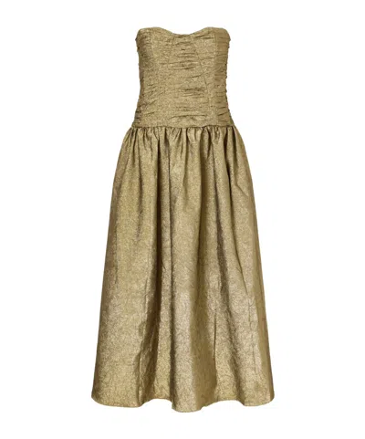 Ulla Johnson Lumina Strapless Gathered Crinkled Taffeta Midi Dress In Brown