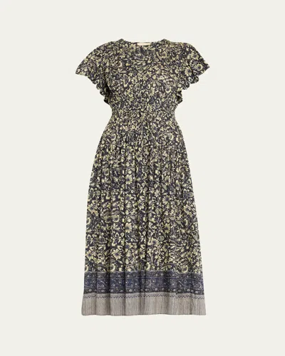 Ulla Johnson Lyria Flutter-sleeve Floral Midi Dress In Raven
