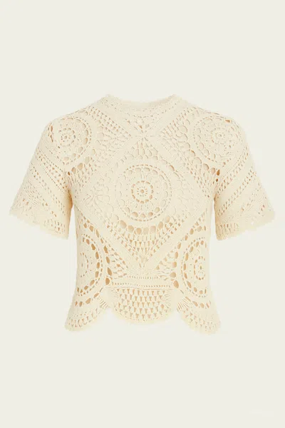 Ulla Johnson Maddalena Short Sleeve Hand Crochet Top In Cowrie In White