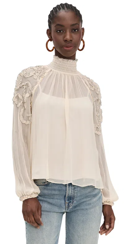 Ulla Johnson Magdalena Silk Smocked Long Sleeve Blouse Chantilly In White