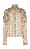 Ulla Johnson Magdalena Smocked Sleeve Silk Top In Multi