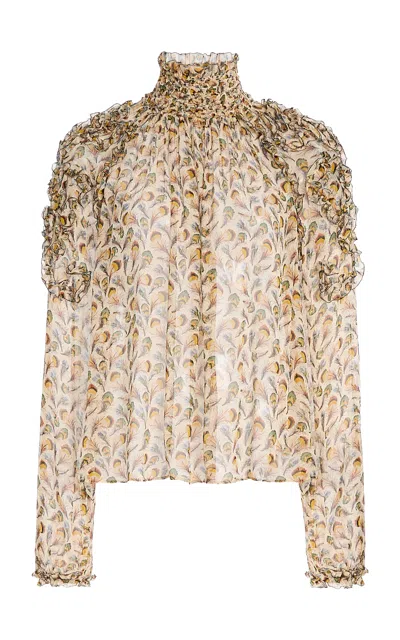 Ulla Johnson Magdalena Smocked Sleeve Silk Top In Multi