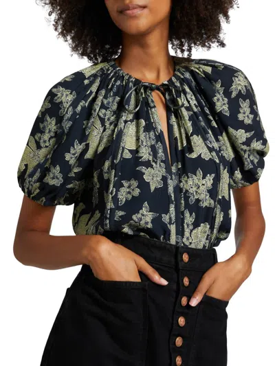 Ulla Johnson Marcelena Floral Tieneck Blouse In Minuit