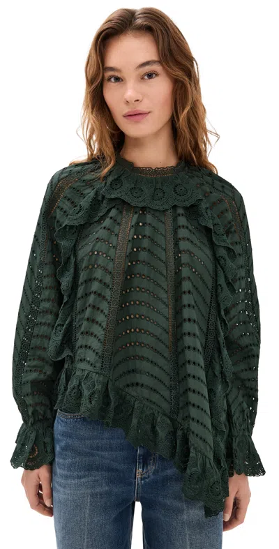 Ulla Johnson Marcella Asymmetrical Long Sleeve Blouse Cypress In Green