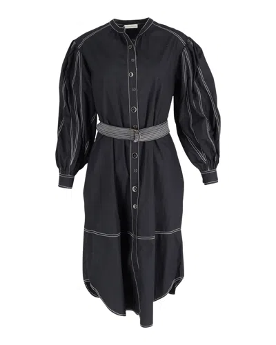 Ulla Johnson Maria Belted Topstitched Midi Dress In Black Cotton