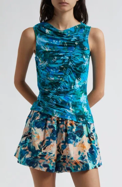Ulla Johnson Medea Floral Ruched Sleeveless Top In Azul