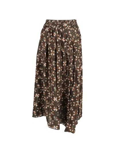 Pre-owned Ulla Johnson Midi Printed Ruffle Skirt In Brown