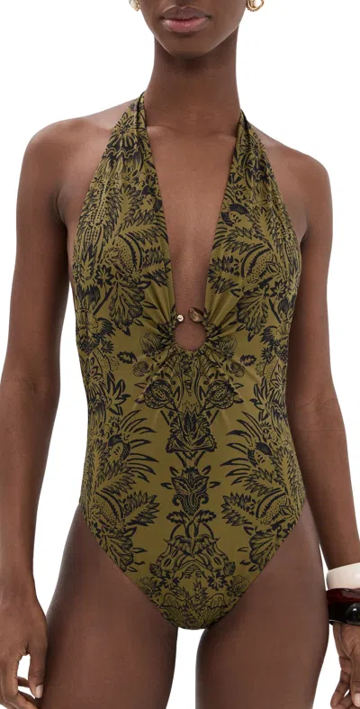 Ulla Johnson Milos Halter Maillot Swimsuit Olive Flora In Green
