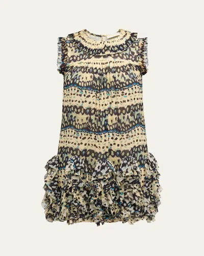 ULLA JOHNSON MIRI ABSTRACT-PRINT RUFFLE SILK MINI DRESS