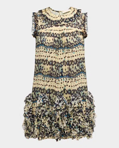 ULLA JOHNSON MIRI ABSTRACT-PRINT RUFFLE SILK MINI DRESS