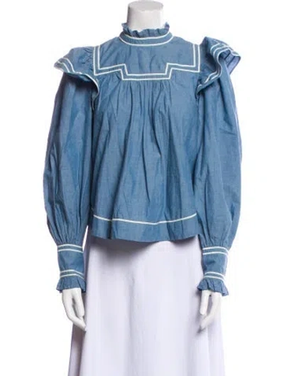 Pre-owned Ulla Johnson Mock Neck Long Sleeve Blouse In Blue