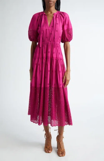 Ulla Johnson Nova Eyelet Puff Sleeve Dress In Ruby