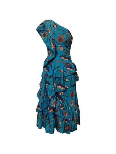 Pre-owned Ulla Johnson Ondine Ruffle Floral One-shoulder Midi Dress In Blue