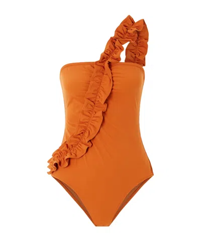 Ulla Johnson One-shoulder Ruffled Swimsuit In Orange