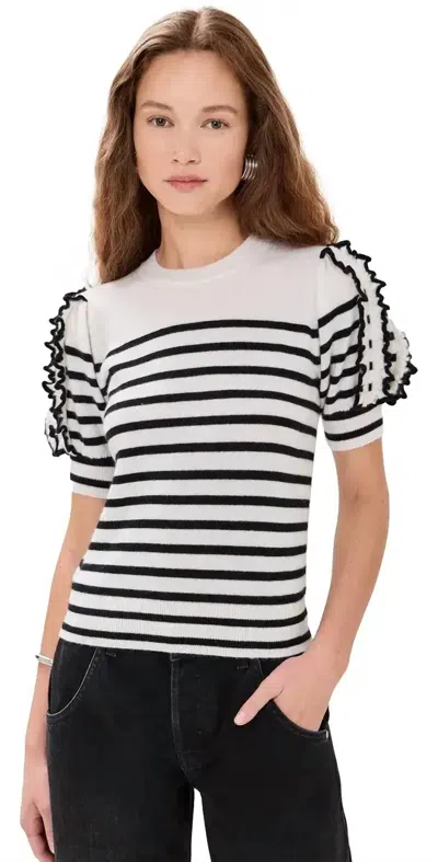 Ulla Johnson Ottilie Luxe Ribbed Cashmere Puff Sleeve Sweater In Noir Stripe In Multi