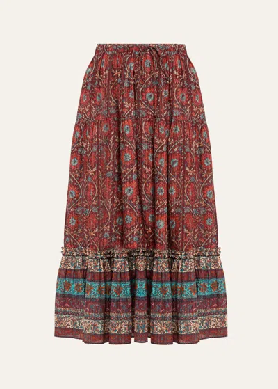 Ulla Johnson Paige Woven Tiered Midi Skirt With Pockets In Pomegranate