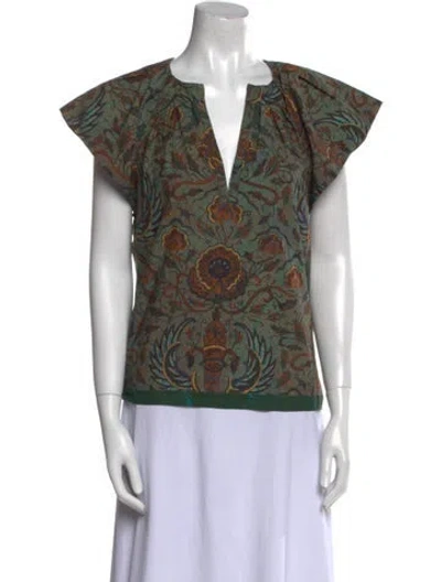 Pre-owned Ulla Johnson Paisley Print V-neck Blouse In Green