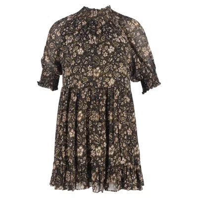 Ulla Johnson Paisley Printed Mock Neck Mini Dress In Brown Silk