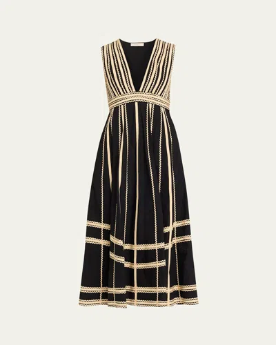 Ulla Johnson Palermo Ricrac And Grosgrain-trimmed Cotton-poplin Midi Dress In Black
