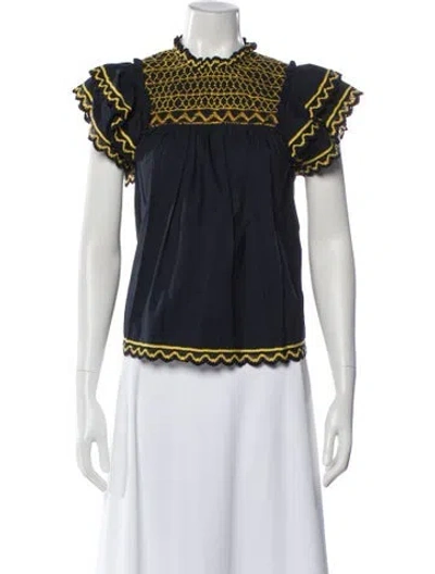 Pre-owned Ulla Johnson Patterned Mock Neck Blouse In Blue