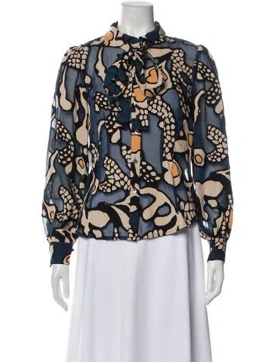 Pre-owned Ulla Johnson Patterned Tie Neck Blouse In Blue