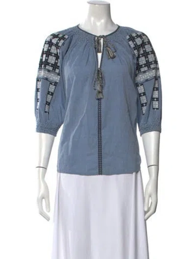 Pre-owned Ulla Johnson Patterned Tie Neck Blouse In Blue