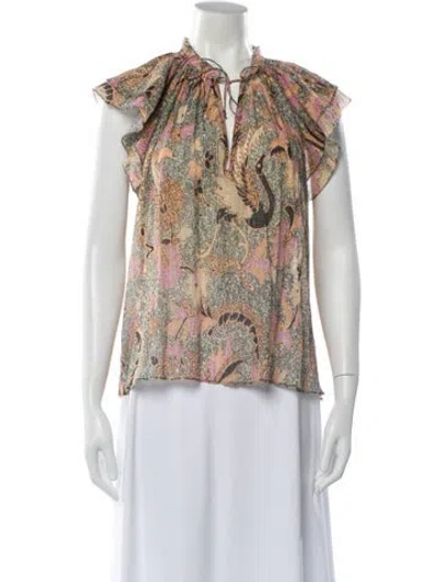 Pre-owned Ulla Johnson Patterned Tie Neck Blouse In Orange