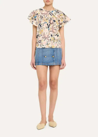 ULLA JOHNSON PERLINE FLUTTER SLEEVE BLOUSE IN MAGNOLIA