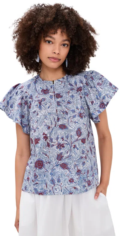 Ulla Johnson Perline Short Sleeve Cotton Blouse Gardenia In Blue