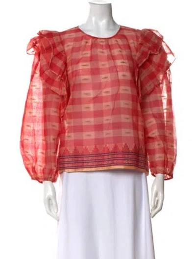 Pre-owned Ulla Johnson Plaid Print Crew Neck Blouse In Red