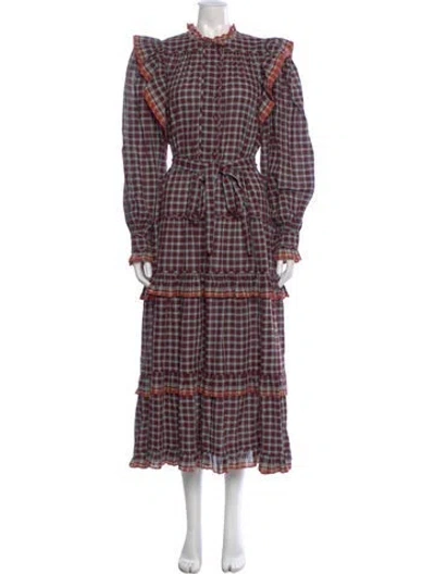Pre-owned Ulla Johnson Plaid Print Long Dress In Burgundy