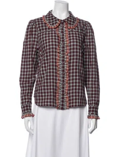 Pre-owned Ulla Johnson Plaid Print Long Sleeve Button-up Top In Burgundy