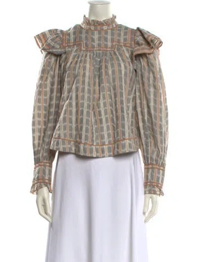 Pre-owned Ulla Johnson Plaid Print Mock Neck Blouse In Gray
