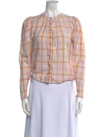 Pre-owned Ulla Johnson Plaid Print Mock Neck Blouse In Pink