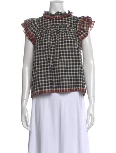 Pre-owned Ulla Johnson Plaid Print Short Sleeve Blouse In Black