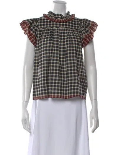 Pre-owned Ulla Johnson Plaid Print Short Sleeve Blouse In Black