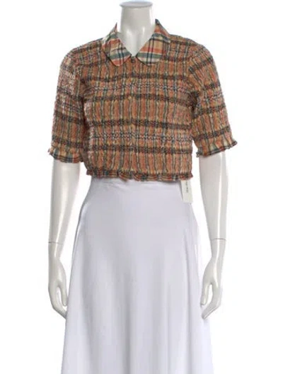 Pre-owned Ulla Johnson Plaid Print Short Sleeve Blouse In Neutral