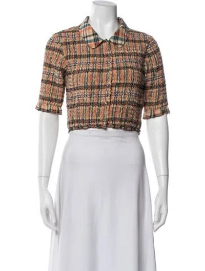 Pre-owned Ulla Johnson Plaid Print Short Sleeve Top In White